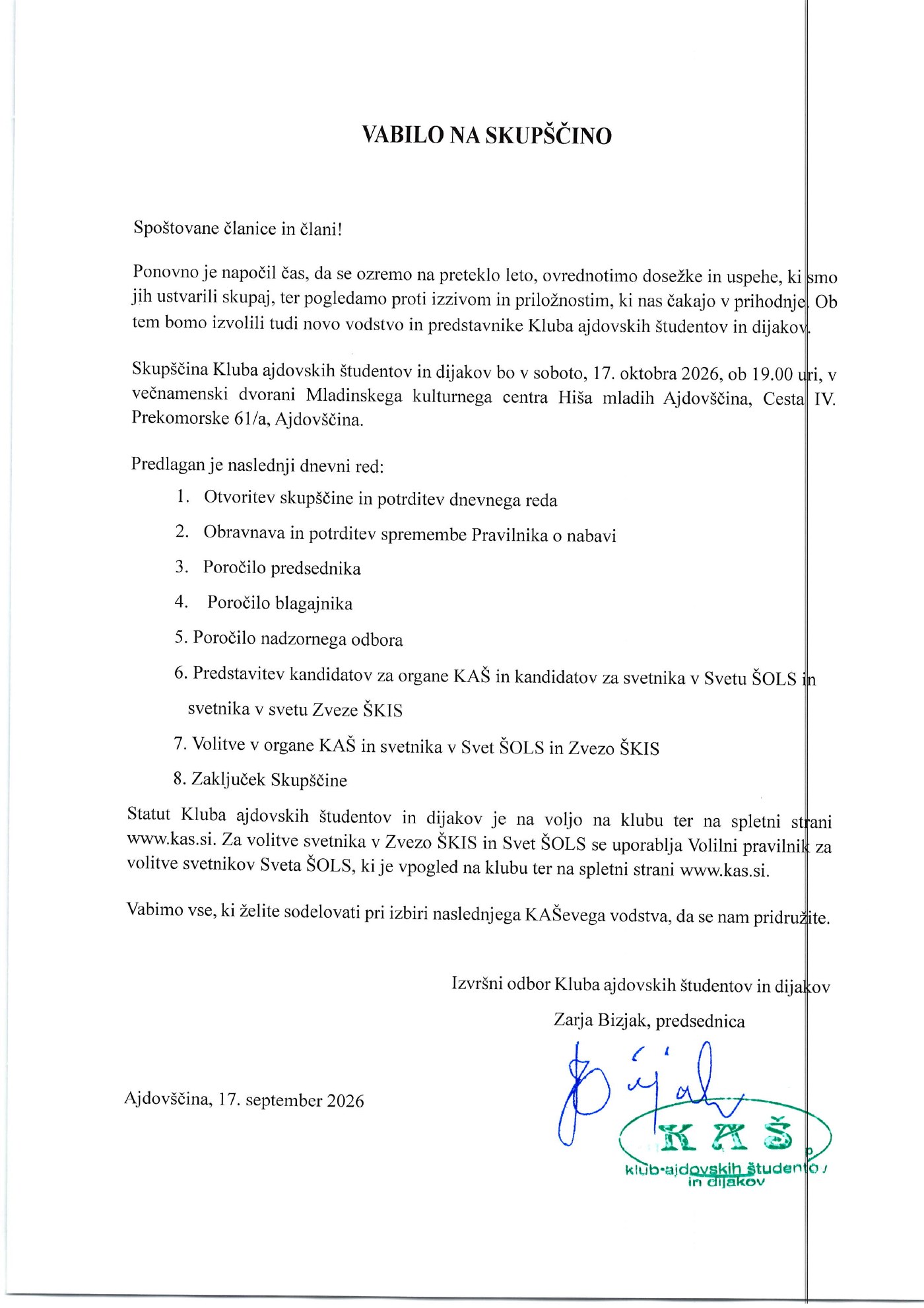 Vabilo na skupščino Kluba ajdovskih študentov in dijakov